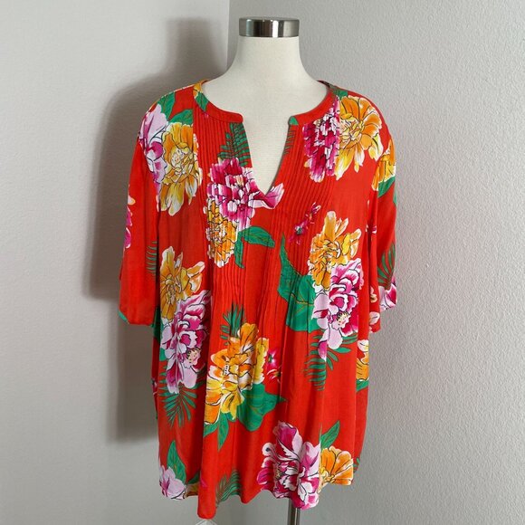 Old Navy Womens Plus XXL Floral V Neck Blouse Short Sleeve Shirt Tropical Top - Picture 1 of 10